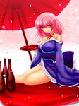  adapted_costume alcohol bangs blanket bottle breasts cherry_blossoms choker cleavage cup floral_print frilled_kimono frills hair_between_eyes highres japanese_clothes kimono large_breasts legs long_sleeves looking_at_viewer nekominase no_hat no_headwear obi off_shoulder open_clothes open_kimono oriental_umbrella outstretched_leg petals pink_background pink_eyes pink_hair ribbon ribbon_choker saigyouji_yuyuko sakazuki sake sake_bottle sash shiny shiny_hair shiny_skin sitting smile solo thighs touhou umbrella wide_sleeves 