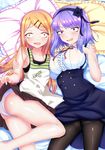  absurdres arm_around_shoulder artist_request ass bangs bed bed_sheet black_legwear blonde_hair blush brown_hair dagashi_kashi endou_saya_(dagashi_kashi) eyelashes fang hair_ornament hairband hairclip hug invitation long_hair looking_at_viewer lying multiple_girls naughty_face on_back on_side open_mouth panties pantyhose pillow pleated_skirt polka_dot purple_eyes purple_hair shidare_hotaru shiny shiny_skin short_hair skirt skirt_lift thighband_pantyhose thighs 