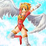  angel_wings armor blonde_hair boots breasts breath_of_fire breath_of_fire_i gloves green_eyes hairband leotard nina_(breath_of_fire_i) rugi_(lglgl) short_hair small_breasts solo thighhighs white_wings wings 