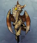  2015 4_toes anthro avian beak brown_feathers brown_fur brown_tail casynuf chest_tuft claws ear_piercing eyebrows eyelashes feathered_wings feathers female fur grey_background gryphon head_tilt looking_at_viewer multicolored_fur multicolored_tail one_eye_closed piercing red_eyes simple_background sitting smile solo tail_feathers tan_feathers tan_fur tan_tail toes tuft two_tone_fur wings wink yellow_beak 