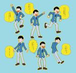  6+boys ;) arm_up blue_background blue_neckwear brothers formal hands_in_pockets heart heart_in_mouth male_focus matsuno_choromatsu matsuno_ichimatsu matsuno_juushimatsu matsuno_karamatsu matsuno_osomatsu matsuno_todomatsu messy_hair multiple_boys necktie older one_eye_closed osomatsu-kun osomatsu-san parody pointing running sextuplets siblings simple_background smile style_parody suit sweatdrop triangle_mouth wavy_mouth 