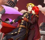  blonde_hair blue_eyes camus cape fire_emblem fire_emblem:_shin_monshou_no_nazo gloves highres long_hair male_focus misheil_(fire_emblem) mtbluesea multiple_boys open_mouth red_eyes red_hair yaoi 