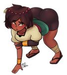  1girl ajna_(indivisible) artist_request ass bent_over bike_shorts blush brown_hair dark_skin huge_ass indivisible red_eyes sandals short_hair solo 