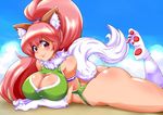  1girl :3 animal_ears armlet ass bare_shoulders blush breasts cleavage cleavage_cutout female furry green_swimsuit heart_cutout highres huge_breasts long_hair looking_at_viewer lying on_stomach outdoors paws pericci ponytail red_eyes red_hair ryoi solo star_ocean swimsuit tail thighs wolf_ears wolf_tail 