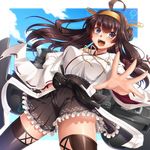  ahoge brown_hair double_bun hairband japanese_clothes kantai_collection keita_(tundereyuina) kongou_(kantai_collection) long_hair nontraditional_miko open_mouth smile solo 