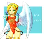  angel_wings armor blonde_hair boots breasts breath_of_fire breath_of_fire_i gloves green_eyes hairband highres large_wings leotard nina_(breath_of_fire_i) red_leotard short_hair small_breasts solo thighhighs torisei8 white_wings wings 