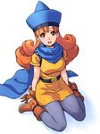 alena_(dq4) boots cape curly_hair dragon_quest dragon_quest_iv dress full_body gloves hat highres long_hair looking_at_viewer open_mouth orange_hair pantyhose red_eyes short_dress simple_background sitting smile solo uchiu_kazuma white_background 