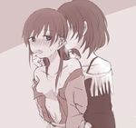  bare_shoulders blush ear_blush ear_licking finger_in_another's_mouth greyscale hitsuji_nata idolmaster idolmaster_cinderella_girls licking long_hair monochrome multiple_girls navel nitta_minami nose_blush open_clothes open_shirt saliva shirt simple_background takagaki_kaede tongue undressing yuri 