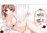  absurdres artist_name bow bow_bra bra breasts brown_eyes brown_hair checkerboard_cookie chocolate cleavage collarbone cookie cowboy_shot cup cupcake curtains derivative_work flat_color flower food highres holding indoors kaga_(kantai_collection) kantai_collection large_breasts long_hair looking_at_viewer lying macaron navel on_bed on_side open_mouth panties pillow red_flower red_rose ribbon-trimmed_bra ribbon-trimmed_panties ribbon_trim rose saucer side-tie_panties side_ponytail solo spoon sweets tea teacup teapot tiered_tray tray underwear underwear_only untied untied_panties verdy white_bra white_panties 