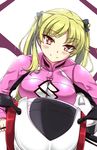  bakuon!! blonde_hair blush bodysuit breasts ground_vehicle hair_ribbon highres large_breasts motor_vehicle motorcycle pink_bodysuit ribbon sheita smile solo suzunoki_rin twintails 