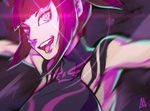  bare_shoulders black_hair blurry breasts drill_hair dudou erica_june_lahaie glowing glowing_eyes halter_top halterneck han_juri highres large_breasts open_mouth outstretched_arms pink_eyes sidelocks signature smile solo street_fighter street_fighter_iv_(series) tongue tongue_out twin_drills upper_body 