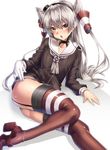  amatsukaze_(kantai_collection) brown_eyes dress garter_straps gloves high_heels kantai_collection keita_(tundereyuina) long_hair open_mouth red_footwear red_legwear sailor_dress shirt shoes silver_hair solo thighhighs two_side_up white_gloves 