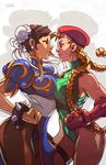  2girls beret blonde_hair cammy_white capcom chinese_clothes chun-li edwin_huang eye_contact leotard multiple_girls puffy_sleeves street_fighter 