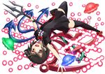  :d asymmetrical_wings black_dress black_hair black_legwear bow bowtie commentary_request danmaku dress full_body houjuu_nue looking_at_viewer memento_vivi open_mouth polearm red_bow red_eyes red_neckwear short_hair short_sleeves smile snake solo thighhighs touhou trident ufo upside-down weapon white_background wings 