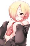  blonde_hair blush breast_squeeze breasts censored ear_piercing earrings hair_over_one_eye hetero highres himamushi_nyuudou hood hoodie idolmaster idolmaster_cinderella_girls jewelry large_breasts paizuri penis piercing red_eyes shirasaka_koume short_hair sleeves_past_wrists smile solo_focus 