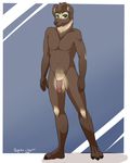  2016 anthro balls bear black_claws blue_background brown_fur brown_hair brown_nose claws cream_fur english_text flaccid fur green_eyes hair hi_res humanoid_penis male mammal navel nightfaux nude penis ryuu1ch1 signature simple_background smile solo teeth text toe_claws white_background 