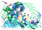  :d backpack bag blue_eyes blue_hair blue_shirt blue_skirt blush boots commentary_request cucumber danmaku full_body hair_bobbles hair_ornament hat kawashiro_nitori key kurisu_sai nut_(hardware) open_mouth rubber_boots screwdriver shirt short_hair skirt skirt_set smile solo touhou two_side_up water white_background wrench 