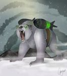  2014 ambiguous_gender bear biohazard_symbol black_nose casynuf chest_tuft claws drooling fangs feral fur glowing glowing_eyes green_eyes inner_ear_fluff looking_at_viewer mammal mountain nuclear_missile open_mouth outside pink_tongue polar_bear saliva snow snowing solo teeth tuft white_fur 