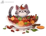  animal bowl cat cat_focus closed_mouth commentary cryptid_creations food fruit full_body fur grey_fur in_bowl in_container leaf leaf_on_head looking_at_viewer no_humans orange orange_slice original pointy_ears simple_background smile toon watermark web_address whiskers white_background 