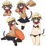  absurdres animal_ears bikini black_legwear blue_eyes brown_hair cabbie_hat cardigan cat_ears cat_tail dorothy_(tadashi1013) front-tie_bikini front-tie_top hat highres looking_at_viewer looking_back multiple_views navel necktie open_mouth original pan_koujou pom_pom_(clothes) red_scarf scarf school_uniform short_hair side-tie_bikini simple_background sitting skirt sleeves_past_wrists strap_gap swimsuit tail thighhighs wariza white_background 