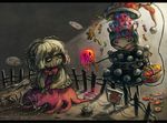  blue_hair candy commentary doremy_sweet dress flower food hat kishin_sagume koto_inari lollipop multiple_girls nightcap short_hair stitched_mouth stitches touhou 