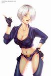  angel_(kof) bangs black_bra black_panties blue_eyes bob_cut bra breasts buckle chaps cleavage collarbone commentary cropped_jacket ears fingerless_gloves gloves hair_over_one_eye hand_on_hip jacket kthovhinao_virmi leather leather_jacket midriff navel open_mouth panties parted_bangs pointing short_hair solo stomach the_king_of_fighters the_king_of_fighters_xiv thighs underwear white_background white_hair zipper 