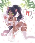  all_fours animal_ears bare_shoulders black_hair bow breasts cat_ears cat_lingerie cat_paws cat_tail cleavage cleavage_cutout dark_skin fang gloves green_eyes highres kneeling large_breasts league_of_legends looking_at_viewer meme_attire midriff nidalee panties paw_gloves paws pink_bow ponytail side-tie_panties solo tail tail_bow thighhighs ubi_(ekdus6080) underwear white_legwear 
