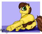  2016 animal_genitalia animal_penis anus balls banana_stem brown_hair butt cutie_mark earth_pony equine equine_penis fan_character feral fur green_eyes hair holliday_(artist) hooves horse intersex lying mammal my_little_pony penis pony presenting pussy solo yellow_fur 