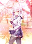  black_legwear blue_skirt blurry blush cherry_blossoms highres konbu_wakame lamppost looking_at_viewer original outdoors photo_background pink_hair pleated_skirt red_eyes school_uniform serafuku short_hair skirt solo thighhighs tree zettai_ryouiki 