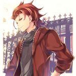  artist_name black_scarf black_shirt building fence granblue_fantasy jacket looking_at_viewer male_focus mansion open_clothes open_jacket percival_(granblue_fantasy) red_eyes red_hair red_jacket scarf shirt shuri_yasuyuki simple_background smirk solo twitter_username upper_body watermark white_background 