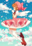  angel_wings antenna_hair artist_name bad_id bad_twitter_id blue_sky blush bow brown_hair cardcaptor_sakura cherry_blossoms closed_eyes cloud day dress flying full_body gloves hands_clasped hat highres kinomoto_sakura own_hands_together petals pink_dress pink_hat profile puffy_sleeves shoes short_hair short_sleeves sky smile solo thighhighs ume_ren white_gloves white_legwear wings 