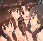  benikurage bow brown_eyes brown_hair cookie_(touhou) fang hair_bow hair_tubes hakurei_reimu kanna_(cookie) multiple_girls nude open_mouth otemoto_(baaaaloooo) reu sananana sweat touhou yellow_eyes 