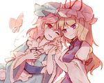  blonde_hair bug butterfly hat insect long_hair long_sleeves multiple_girls no_nose one_eye_closed pink_eyes pink_hair purple_eyes ribbon saigyouji_yuyuko short_hair simple_background sketch smile sorani_(kaeru0768) touhou white_background wide_sleeves yakumo_yukari yuri 