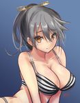 alternate_hairstyle arm_support bare_shoulders black_hair blue_background blush bra breasts brown_eyes cleavage collarbone eyebrows eyebrows_visible_through_hair grey_panties hair_between_eyes hair_ornament hairpin haruna_(kantai_collection) haruto_(harut_n) horizontal_stripes kantai_collection large_breasts light_smile lips long_hair looking_at_viewer panties parted_lips ponytail simple_background solo striped striped_bra tareme teeth underwear underwear_only upper_body v_arms 