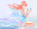  bad_id bad_pixiv_id bare_shoulders barefoot blue_eyes dress flower hair_flower hair_ornament liquid_clothes long_hair looking_to_the_side rapa_rachi red_hair sitting solo water wings 