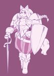  armor blush braided_hair canine chest_tuft clothing female gauntlets gloves hair mammal melee_weapon monochrome mutaninini pauldrons ponytail purple_background shield simple_background solo sword tuft weapon 