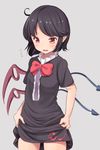  ahoge asymmetrical_wings black_dress black_hair blush bow dress dress_lift flying_sweatdrops houjuu_nue jpeg_artifacts oimo_(imoyoukan) open_mouth pointy_ears red_eyes short_hair short_sleeves solo touhou wings 