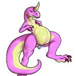  2016 ambiguous_gender belly big_belly claws dinosaur duo eyes_closed female feral horn nude pregnant purple_skin pussy pussy_juice red_claws sharp_teeth simple_background size_difference solo_focus spread_legs spreading stationaryspoon sweat teeth toe_claws white_background yellow_skin 