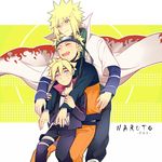  3boys _hair blonde_hair boruto:_naruto_the_movie cloak father_and_son forehead_protector hug hug_from_behind jacket m1 multiple_boys namikaze_minato naruto naruto_shippuuden spiked time_paradox uzumaki_boruto uzumaki_naruto 