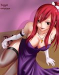  1girl blush breasts brown_eyes cleavage dress erza erza_scarlet fairy_tail female fishnet gloves high_heels highheels large_breasts looking_at_viewer open_mouth pantyhose red_hair smile solo tenlann thighhighs 