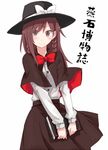  black_capelet bow bowtie braid brown_eyes brown_hair capelet copyright_name dr.latency's_freak_report dress hair_bow hat hat_bow hat_ribbon long_hair ribbon shiroshi_(denpa_eshidan) solo touhou twin_braids usami_renko white_bow 