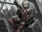  belt black_shorts blurry bodysuit breasts building city depth_of_field detached_sleeves dutch_angle gun hair_between_eyes highres holding holding_gun holding_weapon jittsu looking_at_viewer machinery medium_breasts nail_polish original parted_lips shorts sideboob silver_hair solo string trigger_discipline weapon white_nails wire 