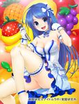  :d arm_garter bare_shoulders blue_eyes blue_hair breasts choker cleavage dress gem gloves highres idol kakusei_kenkyuu_idol_lab large_breasts leg_garter long_hair microphone open_mouth sitting smile solo strapless strapless_dress wacchi 