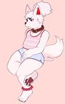  anthro barefoot booty_shorts bulge canine clothing collar crossed_legs cute_fangs eroborus fox frown kitsune_(ero) male mammal midriff pawpads plantigrade shirt sitting solo tank_top 