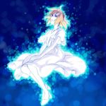  blue_eyes breasts canon_memphis dress glowing hairband highres looking_up medium_breasts parted_lips red_hair sandals short_hair solo soukyuu_no_fafner spoilers takenoko_(flamingo_garden) white_dress 