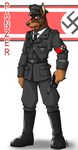  anthro belt boots brown_fur brown_nose canine clothed clothing doberman dog eyewear flag footwear fully_clothed fur german german_text goggles gun handgun hat iron_cross jax_the_bat male mammal military nazi nazi_flag panzer pistol pointy_ears ranged_weapon simple_background solo standing swastika text uniform weapon 