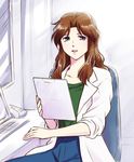  :d blue_eyes brown_hair chair clipboard collarbone computer keyboard_(computer) labcoat long_hair looking_at_viewer office_chair open_mouth shiny shiny_hair sidelocks sitting sleeves_rolled_up smile solo soukyuu_no_fafner takenoko_(flamingo_garden) toomi_chizuru 