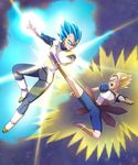  armor aura battle blocking blonde_hair blue_eyes blue_hair boots dragon_ball dragon_ball_super duel full_body fuoore_(fore0042) gloves glowing green_eyes highres kicking kyabe male_focus multiple_boys open_mouth spiked_hair super_saiyan super_saiyan_blue vambraces vegeta white_footwear white_gloves 