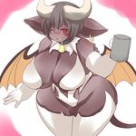  anthro bell big_breasts blush bovine breasts buffalo clothed clothing collar cup ear_piercing female fur gloves hotaru-mia huge_breasts hybrid mammal one_eye_closed piercing skimpy solo succubus thick_thighs wide_hips wings wink 