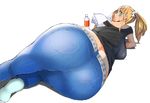  aqua_eyes ass ass_focus bad_perspective blonde_hair breasts denim jeans large_breasts long_hair looking_at_viewer looking_back original pants sideboob simple_background socks solo thick_thighs thighs twintails white_background white_legwear yoru_ha 